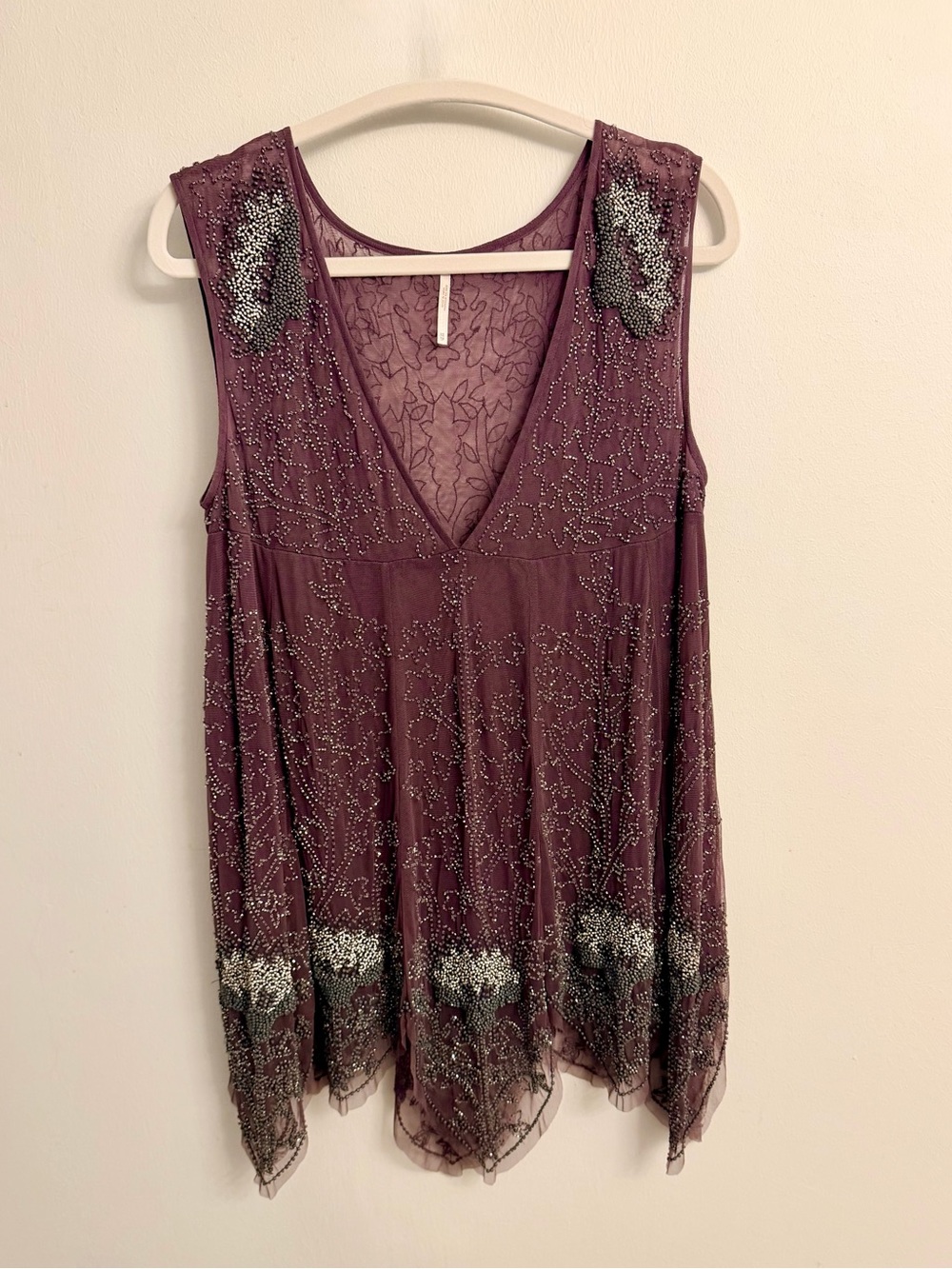 Free People Deep Sleep Dusty Purple Beaded V-Neck Embellished Chemise